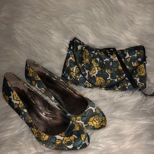 Nine West Blue and Yellow Floral Cork Pumps